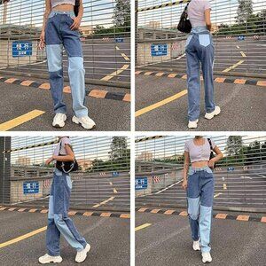 Patch Relaxed Fit Straight Leg High Waisted Trendy Vintage Boyfriend Jeans
